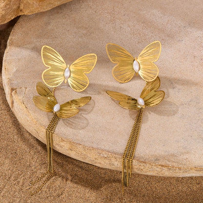 Luxury French Style Butterfly Tassel Earrings for Women – Bold Stainless Steel Titanium Statement Jewelry
