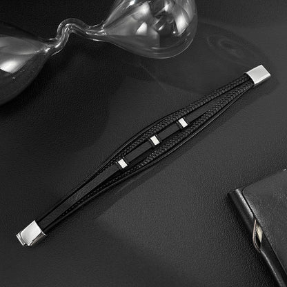 Men’s Multi-Layer Braided Leather Bracelet – Minimalist Stainless & Titanium Steel Wristband, Casual Versatile Style
