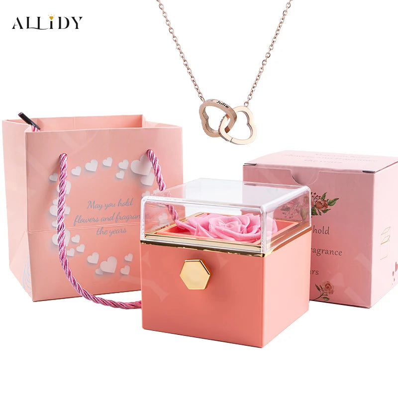 Custom Double Heart engraved Name Steel Necklace Eternal Rose box for Women Creative Surprise Confession Proposal Gifts