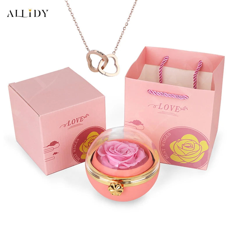 Eternal Rose Round Jewelry Box Personalized Custom Engraved Name Necklace Heart Pendant Women Valentine's Day Christmas Gift