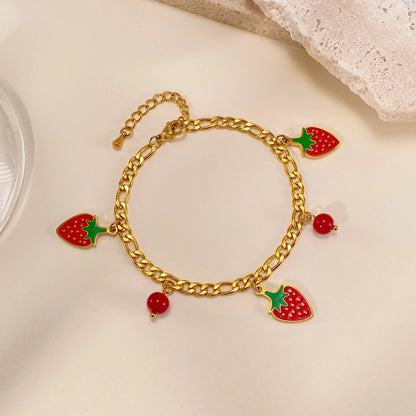 Fruit Charm Bracelet for Women – Stainless Steel Cherry Strawberry Enamel Titanium Steel Fashion Jewelry