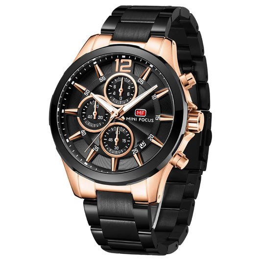 MINIFOCUS Men’s Luxury Automatic Mechanical Watch Six‑Hand Chronograph Date Luminous Waterproof Stainless Steel Band Business