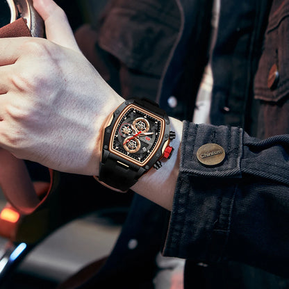 MINIFOCUS Luxury Mens Racing Sports Watch Barrel Skeleton Dial Waterproof Luminous Wristwatch Outdoor Business Watch for Man