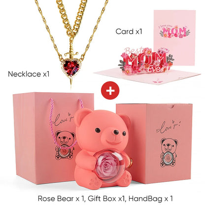 Mother's Day 3D Card Red Zircon Heart and Sword Necklace Double Necklace Real Rose Hug Bear Mothers Day Jewelry Gift Set for Mom