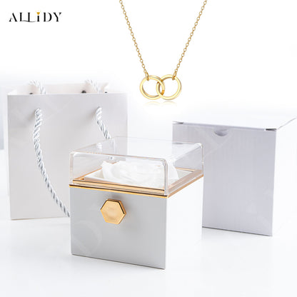 Real Preserved Rose Rotating Jewelry Gift Box with Engraved Necklace