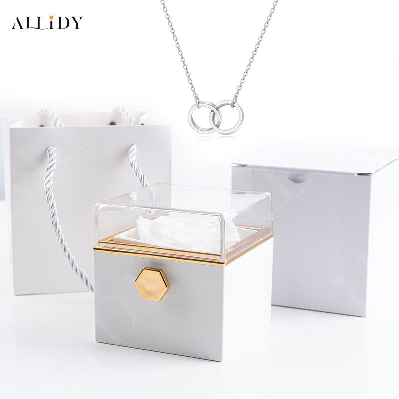 Real Preserved Rose Rotating Jewelry Gift Box with Engraved Necklace