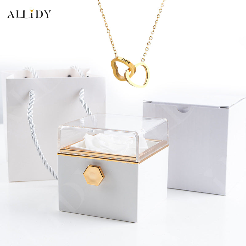 Real Preserved Rose Rotating Jewelry Gift Box with Engraved Necklace