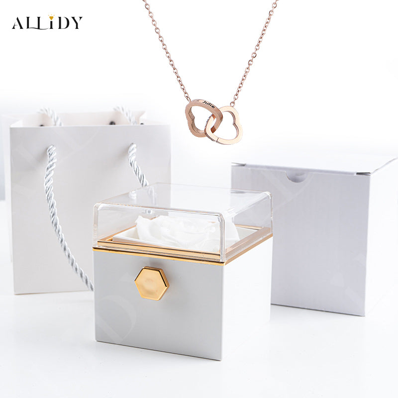 Real Preserved Rose Rotating Jewelry Gift Box with Engraved Necklace