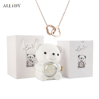 Eternal Rose Teddy Bear with Engraved Necklace