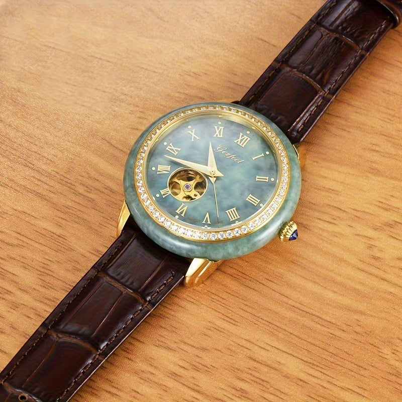 [GEZFEEL Mechanical Watch] GEZFEEL Mechanical Self-Winding Watch - Fashionable Stainless Steel Case Automatic Watch with Round Hollow Emerald Dial, Genuine Leather Strap, Waterproof - Without Battery
