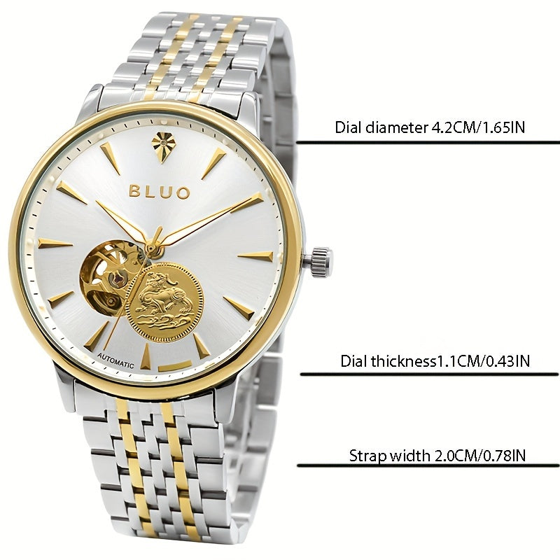 [BLUO Sleek Mechanical Watch] BLUO Men's Sleek Ultra-Thin Automatic Mechanical Watch - Stainless Steel Business Casual Style with Hollow Pixiu Dial - Autumn