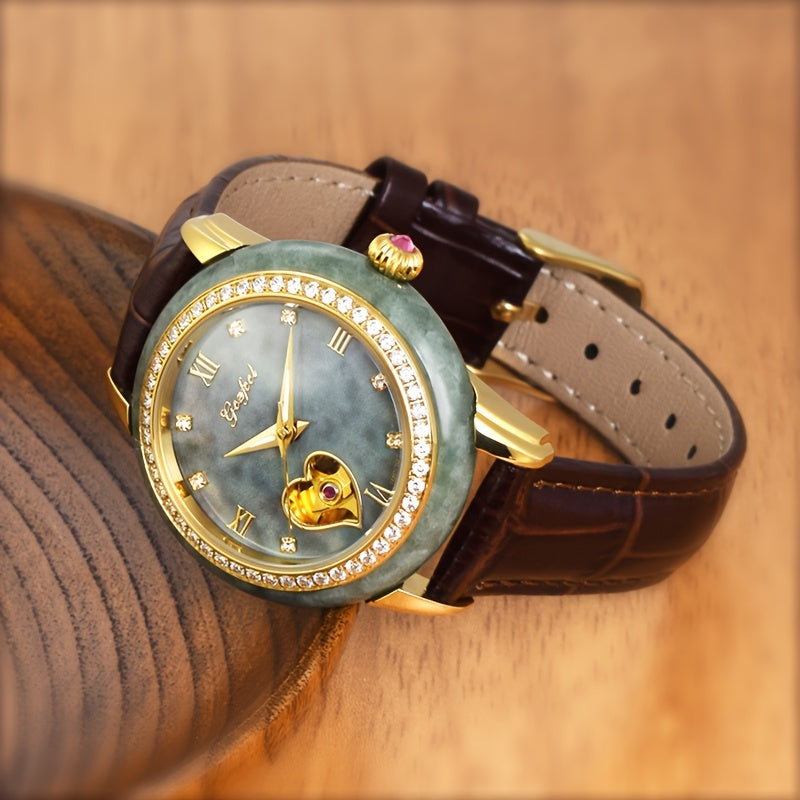 [GEZFEEL Mechanical Watch] GEZFEEL Mechanical Self-Winding Watch - Fashionable Stainless Steel Case Automatic Watch with Round Hollow Emerald Dial, Genuine Leather Strap, Waterproof - Without Battery