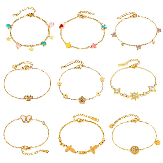 Trendy INS Style Charm Bracelet for Women – Stainless Steel Butterfly, Star, Flower Zircon Charms, Adjustable Titanium Jewelry