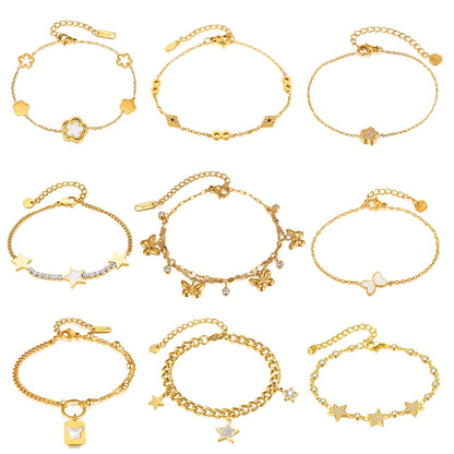Trendy INS Style Charm Bracelet for Women – Stainless Steel Butterfly, Star, Flower Zircon Charms, Adjustable Titanium Jewelry