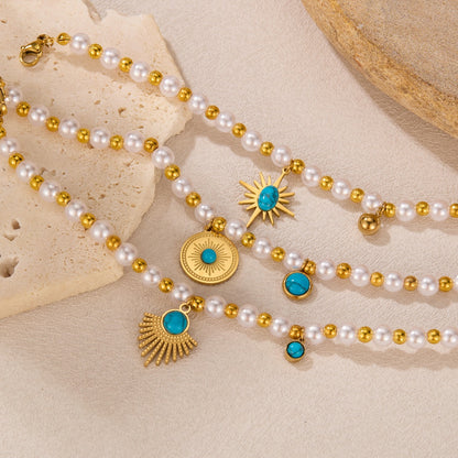 Vintage French Style Bracelet for Women – Geometric Pearl & Turquoise Charm, Titanium Stainless Steel Retro Jewelry