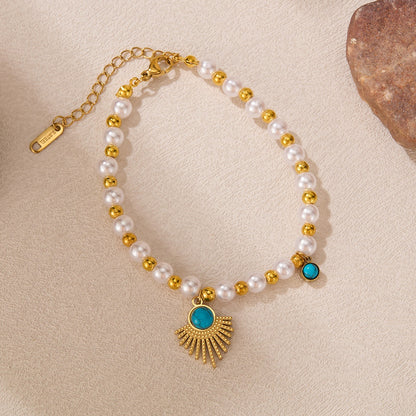 Vintage French Style Bracelet for Women – Geometric Pearl & Turquoise Charm, Titanium Stainless Steel Retro Jewelry