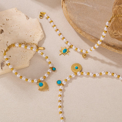Vintage French Style Bracelet for Women – Geometric Pearl & Turquoise Charm, Titanium Stainless Steel Retro Jewelry