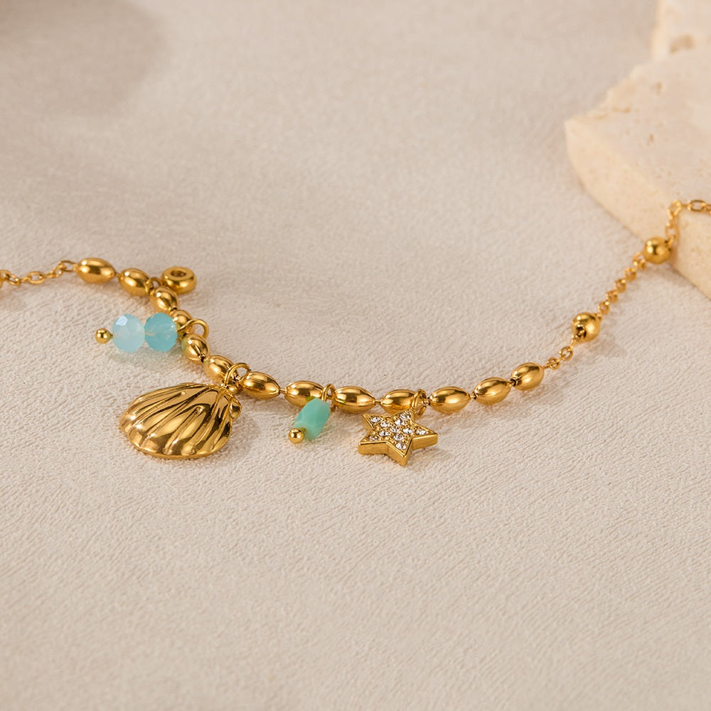 INS Style Ocean-Inspired Bracelet for Women – Stainless Steel Shell & Colorful Stone Charm, Minimalist Titanium Jewelry