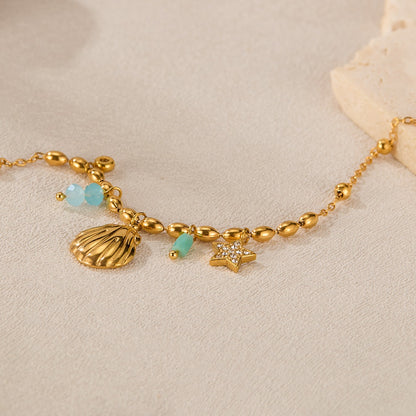 INS Style Ocean-Inspired Bracelet for Women – Stainless Steel Shell & Colorful Stone Charm, Minimalist Titanium Jewelry