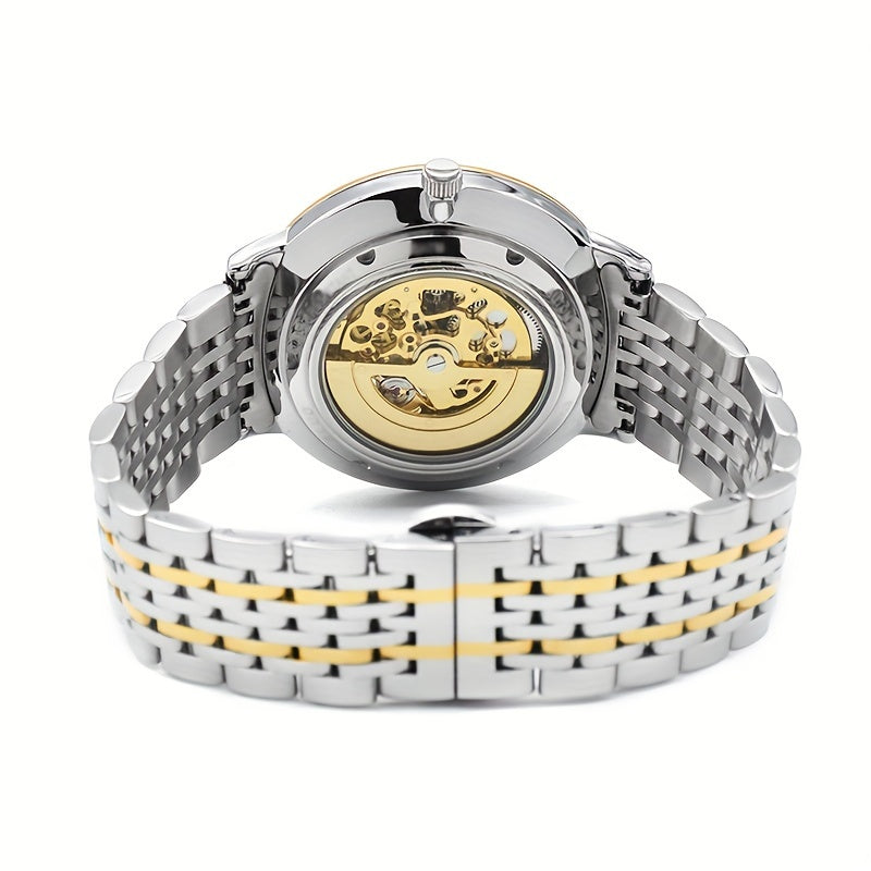 [BLUO Sleek Mechanical Watch] BLUO Men's Sleek Ultra-Thin Automatic Mechanical Watch - Stainless Steel Business Casual Style with Hollow Pixiu Dial - Autumn
