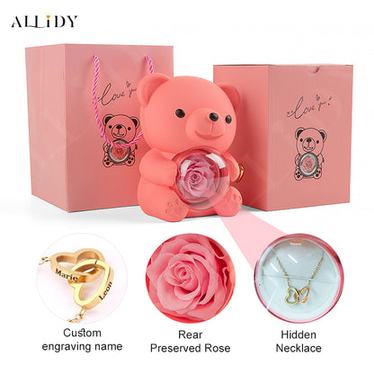 Eternal Rose Teddy Bear with Engraved Necklace