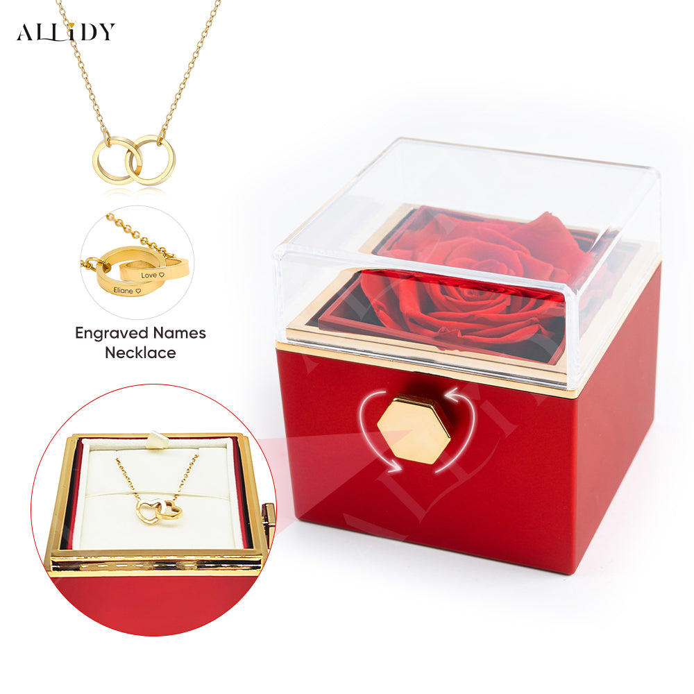 Real Preserved Rose Rotating Jewelry Gift Box with Engraved Necklace