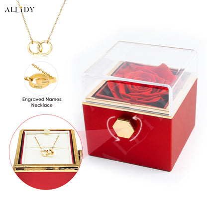 Real Preserved Rose Rotating Jewelry Gift Box with Engraved Necklace