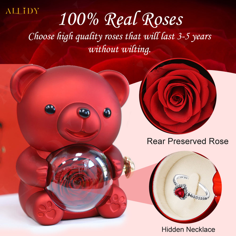 Rose Bear Jewelry Box 925 Silver Heart Series Simple Ring