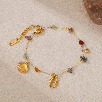 INS Style Ocean-Inspired Bracelet for Women – Stainless Steel Shell & Colorful Stone Charm, Minimalist Titanium Jewelry