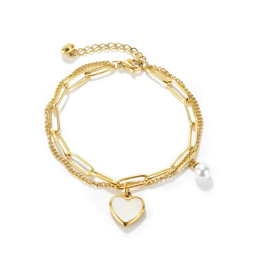 Women’s Double-Layer Heart & Pearl Bracelet – Minimalist Cool Style – Stainless Steel Fashion Jewelry