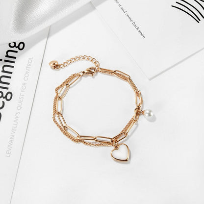Women’s Double-Layer Heart & Pearl Bracelet – Minimalist Cool Style – Stainless Steel Fashion Jewelry