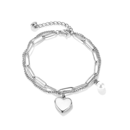Women’s Double-Layer Heart & Pearl Bracelet – Minimalist Cool Style – Stainless Steel Fashion Jewelry